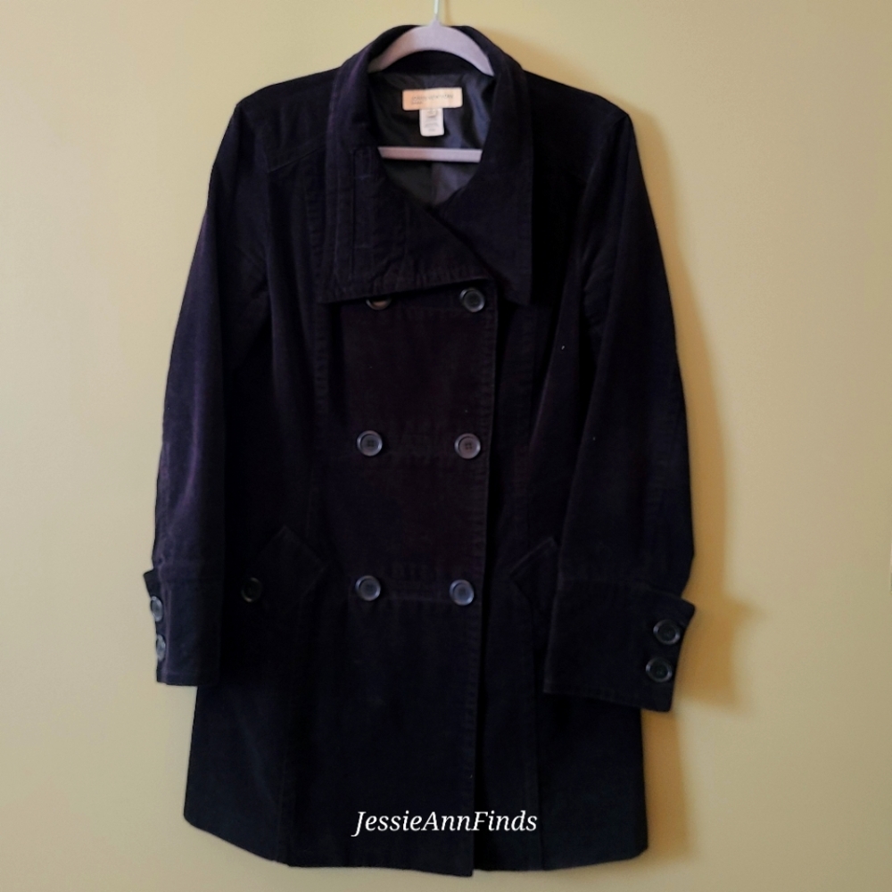 Jones New York Black Velour Double Breasted Trench Coat Women's Size Medium